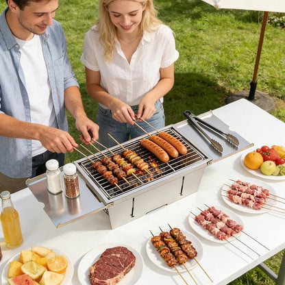 Portable Grill, Uten Stainless Steel Foldable Charcoal Grills with Condiment Plates, Carry Bag, Lightweight, Tabletop Small Barbecue for Camping, Tailgating, Beach BBQ, Travel (15.3" x 8.7")