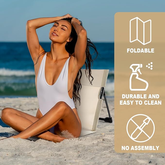 Karenhi 2 Pcs Foldable Poolside Beach Chairs for Edge of Pool Portable Beach Chairs Folding Pool Seats with Back Support Carry Bag for Adults Traveling Camping Picnic Lawn (Light Beige)