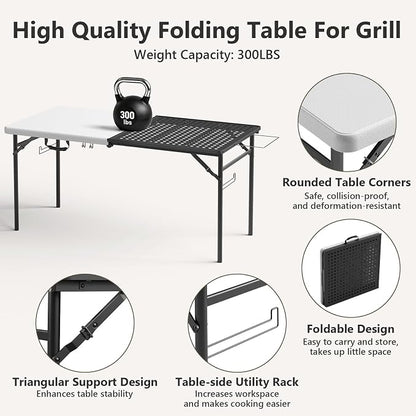 5ft Folding Table for Picnic Camping, Portable Outdoor Table with Metal Grid Grilling Surface, Heavy Duty Foldable Table for Cook Prep,Suitable for Camping, Backyard, Patio and Beach