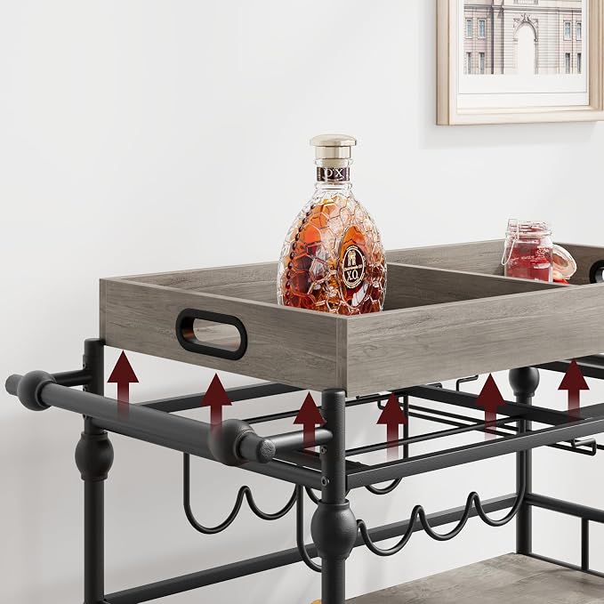 Garvee Bar Cart with Wheels, 3-Tier Rolling Serving Cart with Removable Tray, Mobile Kitchen Beverage Cart with Wine Rack & Glass Holder, Retro Roman Column Design, 35.4 x 15.7 x 34.1 Inches, Grey