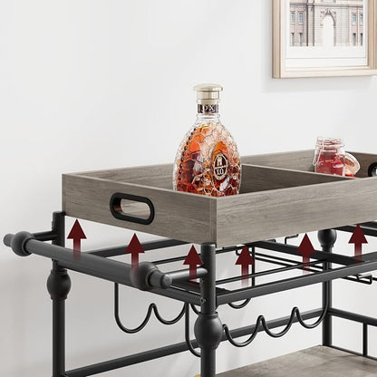 Garvee Bar Cart with Wheels, 3-Tier Rolling Serving Cart with Removable Tray, Mobile Kitchen Beverage Cart with Wine Rack & Glass Holder, Retro Roman Column Design, 35.4 x 15.7 x 34.1 Inches, Grey