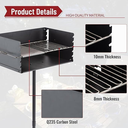 Park Style Charcoal Grill Heavy Duty, Outdoor BBQ Grill with Grate, Commercial Park Grill for Camping, Hotels & Parks, 360 Degree Swivel, Small Charcoal Grills for Outdoor Cooking