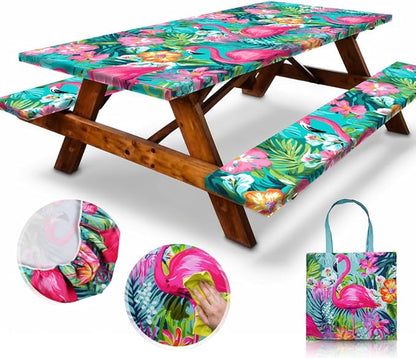 6ft Polyester Picnic Table Cover with Bench Covers Tablecloth Flamingo | Polyester Picnic Table Cover Windproof & Waterproof, Perfect for Camping Gifts & RV Essentials, Cool Camping Gadgets with bag