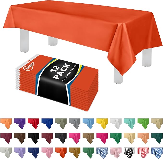 Grandipity 12 Pack Premium Disposable Plastic Tablecloth 54 Inch. x 108 Inch. Decorative Rectangle Table Cover - Orange