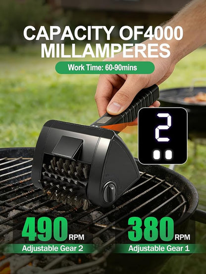 Electric Grill Brush, Cordless Rechargeable BBQ Cleaner with 4000mAh Battery, 2-Speed, LED Light, 304 Stainless Steel Removable Brush Head, Grill Clean Tool for Outdoor Grill