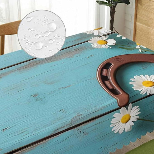Daisy Dinner Table Cloths Rustic Wooden Horseshoe Daisy Decorative Tablecloth for Rectangle Tables 52"X70", Heavy Duty Table Covers Tablecloths for Kitchen Patio Banquet