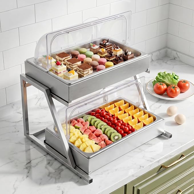 VEVOR Countertop Food Serving Display Container, 2 Tier Stainless Steel Food Salad Server Tray, Buffet Condiment Dispenser, Ice Cooled Rack with Clear Roll Top Cover, for Restaurant Hotel (1/1 Pan x2)