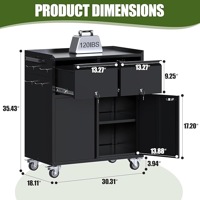 Aobabo Rolling Metal Garage Cabinet, Lockable Storage Cabinet with 2 Drawers, Pegboards, Hooks & Wheels, Heavy Duty Steel Utility Cabinet for Garage, Workshop, Home Office, Black, Assembly Required