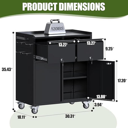 Aobabo Rolling Metal Garage Cabinet, Lockable Storage Cabinet with 2 Drawers, Pegboards, Hooks & Wheels, Heavy Duty Steel Utility Cabinet for Garage, Workshop, Home Office, Black, Assembly Required