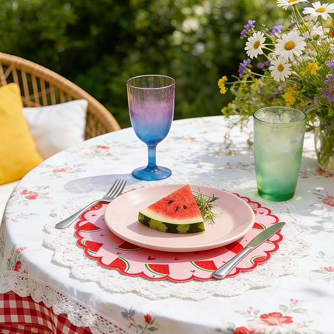 100 Pcs Watermelon Paper Placemats Orange Fruit Place Mats 13.5 Inch Disposable Round Decorative Dining Table Mat with Scalloped Edge for Summer Picnic BBQ Birthday Bridal Wedding Party Supplies