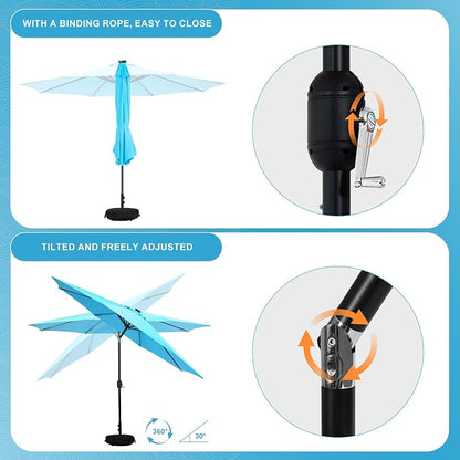 Sundale Outdoor 80 LED 9 FT Solar Patio Umbrella with Base, Blue | Sand Bag Umbrella Base, Tilt, Crank, Solar Lights