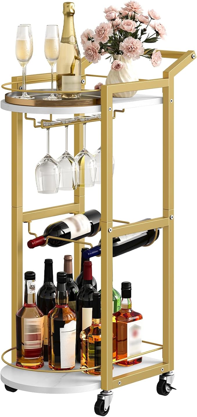 HOOBRO Bar Cart, Bar Cart for The Home, Home Bar Serving Cart on Wheels, Rolling Wine Cart with Wine Rack and Glass Holder, Beverage Cart for Bar, Kitchen, Dining Room, White and Gold DM48TC01