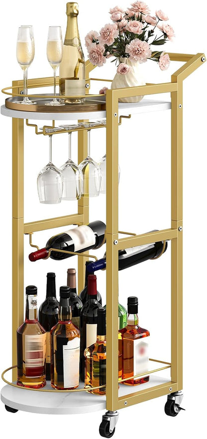 HOOBRO Bar Cart, Bar Cart for The Home, Home Bar Serving Cart on Wheels, Rolling Wine Cart with Wine Rack and Glass Holder, Beverage Cart for Bar, Kitchen, Dining Room, White and Gold DM48TC01