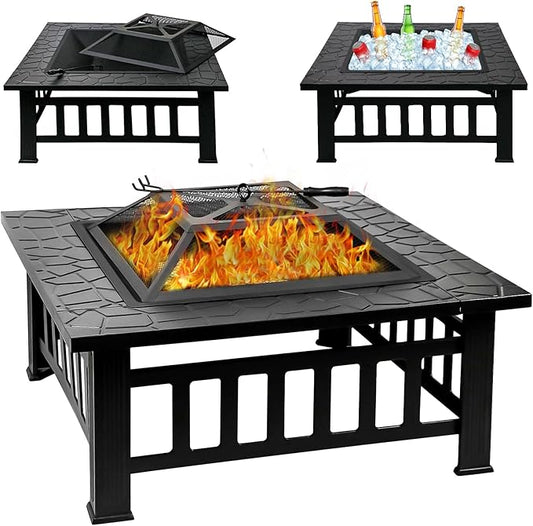 32 Inch Fire Pit Table with Fire Poker & Spark Screen, Outdoor Burning Fire Pits, 3 in 1 Metal Square Firepit Stove for Outside Heating, Bonfire Party, Camping, Patio, Garden