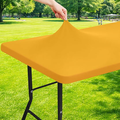 Moosfor Spandex 8 Foot Rectangle Table Cloth, Elastic Fitted Tablecloths for Picnic, Stretch Washable Patio Table Cover for Outdoor, Camping, Banquet and Parties (Mustard Yellow, 30"x96")