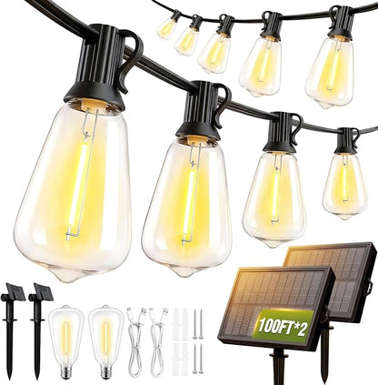 200FT Solar String Lights Outdoor Waterproof with Remote & Timer, LED Shatterproof ST38 Bulbs, USB & Solar Powered Patio Lights for Backyard, Porch, Garden, Wedding, Christmas Decor