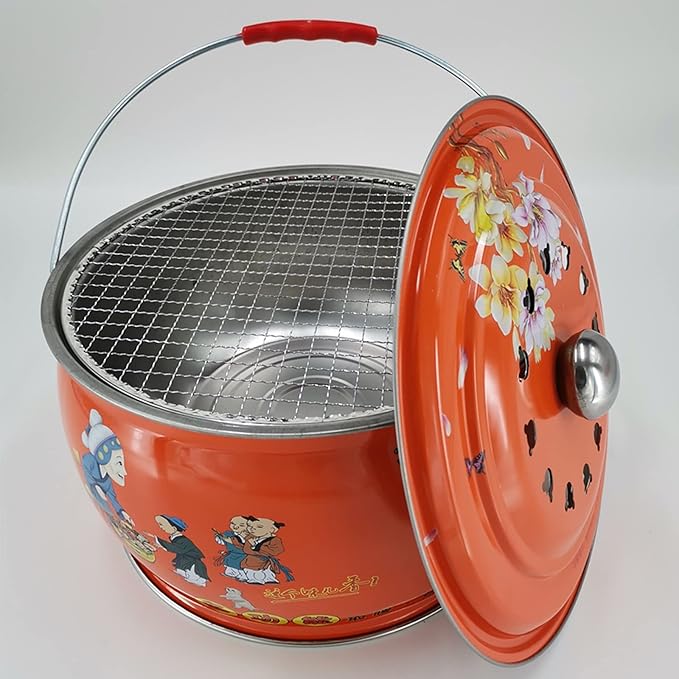 Grill for Outdoor 12.2-inch Round Shape Charcoal Grill Brazier with Handle and Vibrant Color Pattern Outdoor Camping Courtyard Picnic Roast Meat Home BBQ Charcoal Oven Barbecue Grill