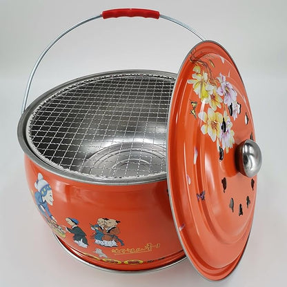 Grill for Outdoor 12.2-inch Round Shape Charcoal Grill Brazier with Handle and Vibrant Color Pattern Outdoor Camping Courtyard Picnic Roast Meat Home BBQ Charcoal Oven Barbecue Grill