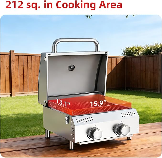 Veralune Tabletop Gas Grill, Small Propane Grill, Portable 2 Burner Gas Grill, Locking Lid, 20,000 BTUs, Built-in Thermometer, Stainless Steel