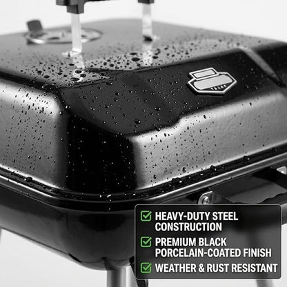 17.5 Inch Square Charcoal Grill with Wheels, Portable Outdoor BBQ Kettle Grill for Patio and Backyard Cooking, Porcelain-Coated Steel Grates and Adjustable Dampers, 302 Sq In Cooking Area, Black