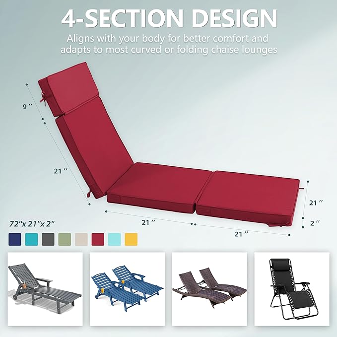 72 x 21 Inch Outdoor Chaise Lounge Cushion - Removable Cover, 4-Section Design, Water-Repellent & Fade-Resistant, 6 Tie Straps, Replacement for Patio & Pool Chairs - Burgundy