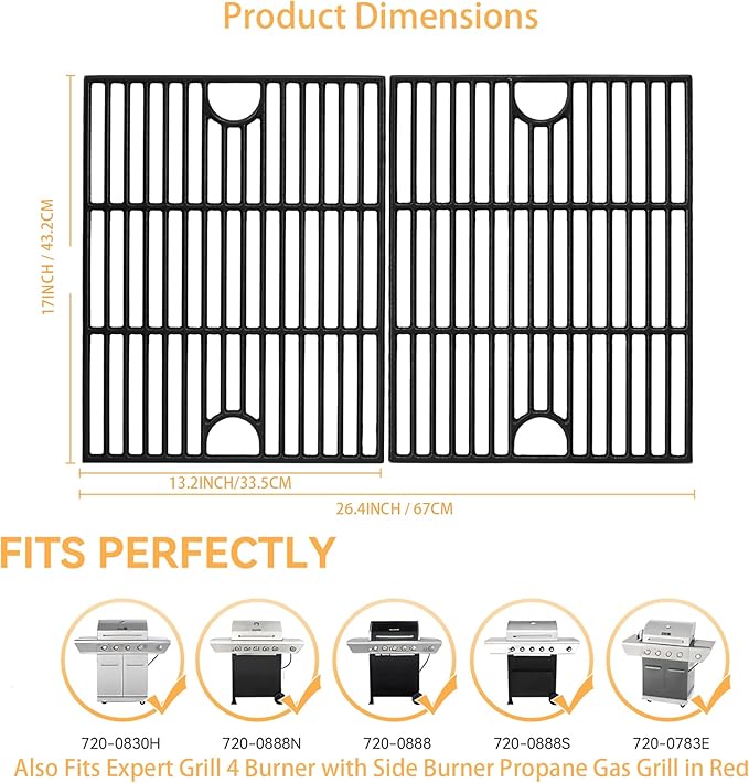 17inch Grill Grates for Nexgrill 4 Burner 720-0830H 720-0670A 720-0783E 720-0958A 5 Burner 720-0888N, Cast Iron Cooking Grids for Kenmore 415.16106210 ,Charbroil 4 Burner 463241113 463449914 ,2 Pack