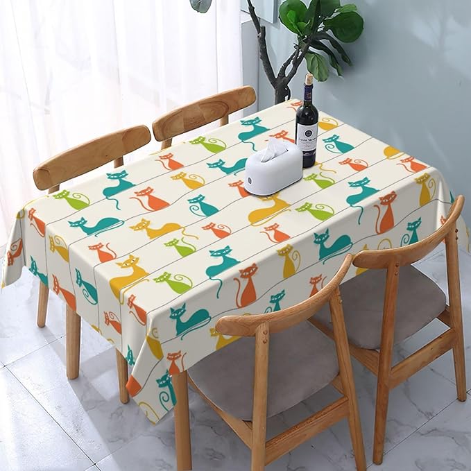 Mid Century Modern Cats Table Cloth, Cute Tablecloth Waterproof, Kitchen Dining Room Decorative Table Cover for Party Decorations Outdoor and Indoor, Rectangular 54x72 Inch