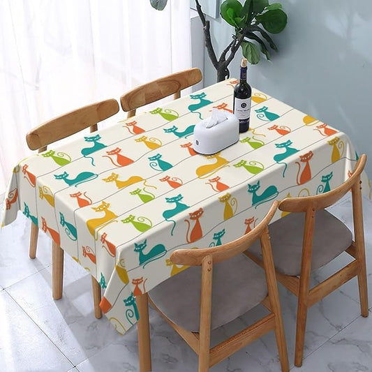 Mid Century Modern Cats Table Cloth, Cute Tablecloth Waterproof, Kitchen Dining Room Decorative Table Cover for Party Decorations Outdoor and Indoor, Rectangular 54x72 Inch