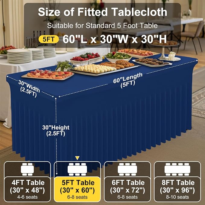 Smiry Spandex Elastic Fitted Table Cloth Skirt for 5FT Rectangle Table | Stretch Washable Table Cloth, Banquet Table Cover for Wedding, Party, Indoor & Trade Shows, (Navy, 60Lx30Wx30H)