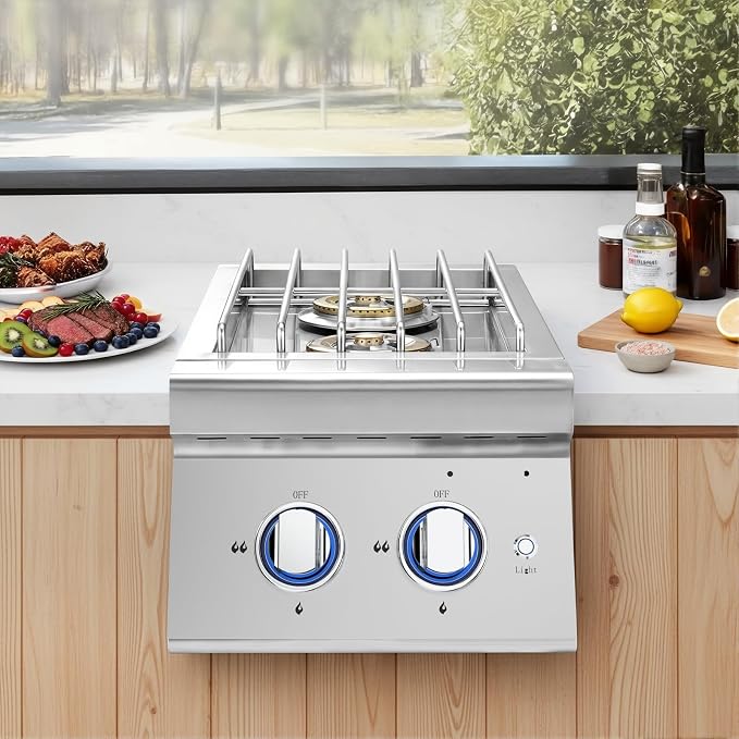 Stainless Steel Outdoor Stove–2x17,000 BTU Side Burner for Outdoor Kitchen,Comes with Propane Stove Lid & LED Light,convertible to Natural Gas.Portable Cooktop with Built-in 2 Burners for BBQ Island.