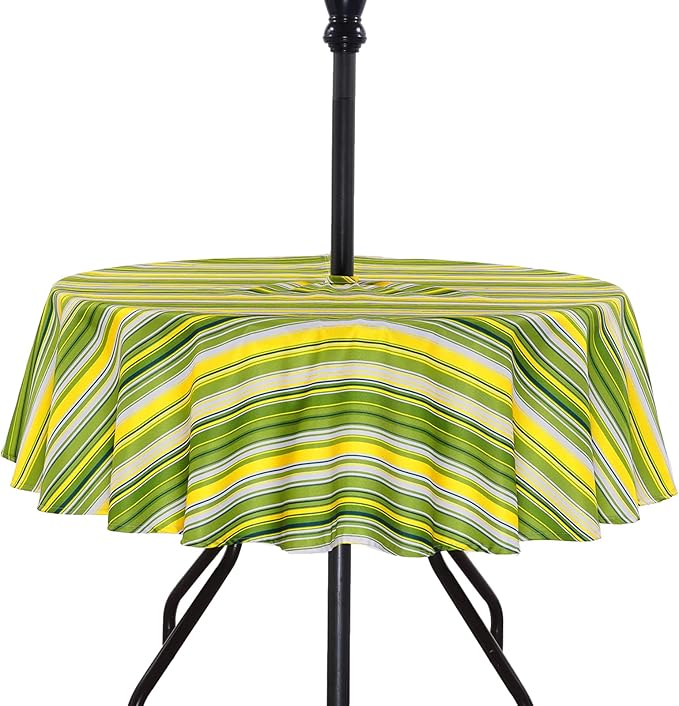 Poise3EHome 60 Inches Round Outdoor Tablecloth with Umbrella Hole and Zipper,Spillproof Patio Table Cloth for Camping Picnic Party Garden Table, Green Striped