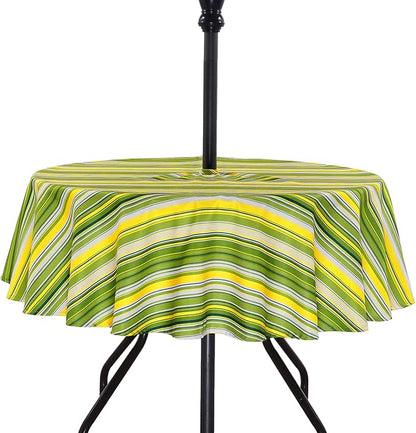 Poise3EHome 60 Inches Round Outdoor Tablecloth with Umbrella Hole and Zipper,Spillproof Patio Table Cloth for Camping Picnic Party Garden Table, Green Striped