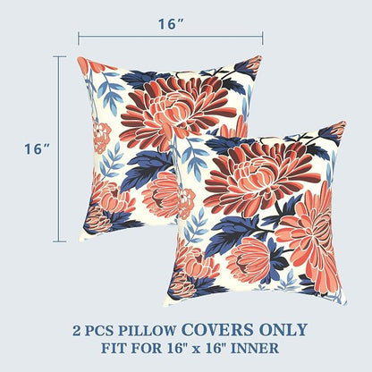 LVTXIII 2 Pack Outdoor Throw Pillow Covers for Patio Furniture, 16x16 Inch Square Pillow Case, Water-Repellent Cushion Covers for Garden, Porch, Sofa, Vibrant Blossom