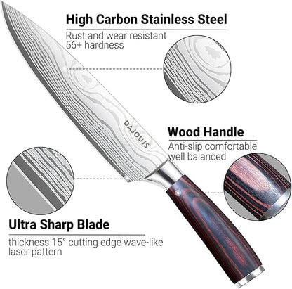 3-Piece Kitchen Chef Knife Set - 8" Chef Knife & 7" Nakiri Knife & 5" Utility Knife, Professional High-Carbon Stainless Steel Ultra Sharp Knives with Ergonomic Wood Handle & Gift Box for Cooking