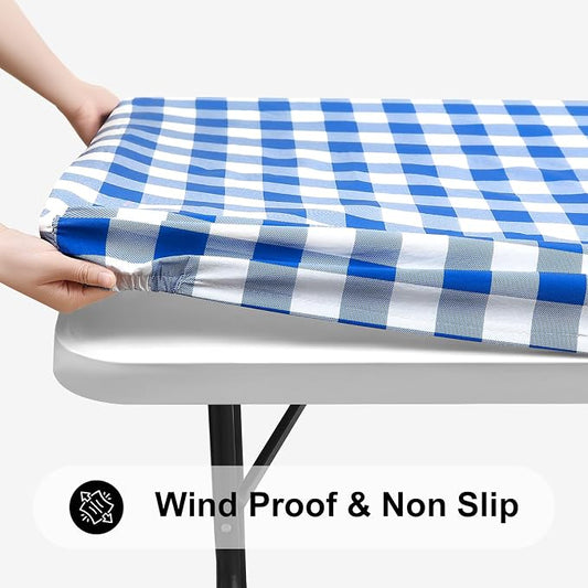 Smiry Rectangle Picnic Table Cloth, Elastic Waterproof Fitted Vinyl Tablecloths, Flannel Backed Buffalo Plaid Table Covers for Dining, Camping, Outdoor (White and Blue, 30" x 96")