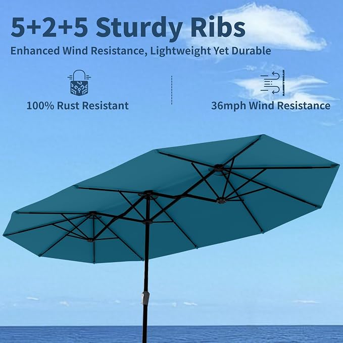 15FT Double Sided Patio Umbrella with Base Included Large Outdoor Market Umbrella with Crank Handle, UV Resistant Canopy, Sturdy Frame for Garden, Poolside, Deck, Lake Blue