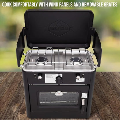 Hike Crew Outdoor Gas Camping Oven w/Carry Bag | CSA Approved Portable Propane-Powered 2-Burner Stove & Auto Ignition, Overheat Safety Shutoff, Built-In Thermometer Hose Regulator Included