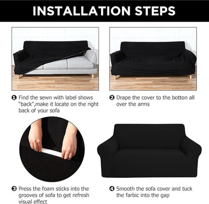 Peryiter 3 Pcs Couch and Loveseat Sofa Covers,Black,Fleece | Armchair Covers for Living Room, Sofa Cushion Slipcover, Furniture Protector, Polyester and Spandex, Washable