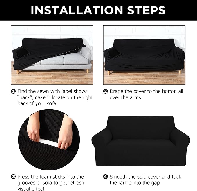 Peryiter 2 Pcs Couch and Loveseat Sofa Covers,Black,Fleece | Armchair Covers for Living Room, Sofa Cushion Slipcover 2/3 Seater, Furniture Protector, Polyester and Spandex, Washable
