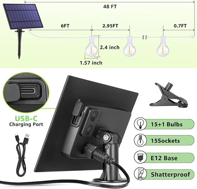 Mlambert 48FT Solar String Lights, Outdoor Waterproof Patio Lights with 15 Shatterproof G40 Bulbs(1 Spare), Led Light for Backyard-White Wire