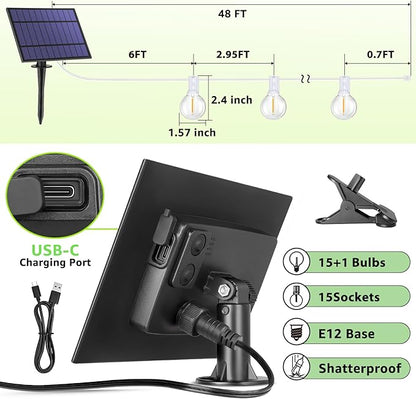 Mlambert 96Ft(2x48Ft) Solar String Lights, Outdoor Waterproof Patio Lights with 15 Shatterproof G40 Bulbs(2 Spare), Led Light for Backyard-White Wire