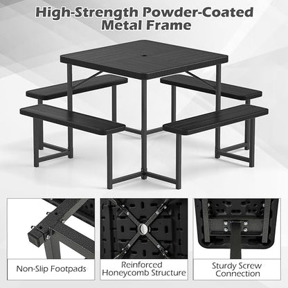 4-8 Person Picnic Table Set, Umbrella Hole, Heavy-Duty Metal Frame & 4 Benches, HDPE Square Outdoor Dinning Table & Benches for Outside, Patio, Garden, Backyard, Porch (Black)