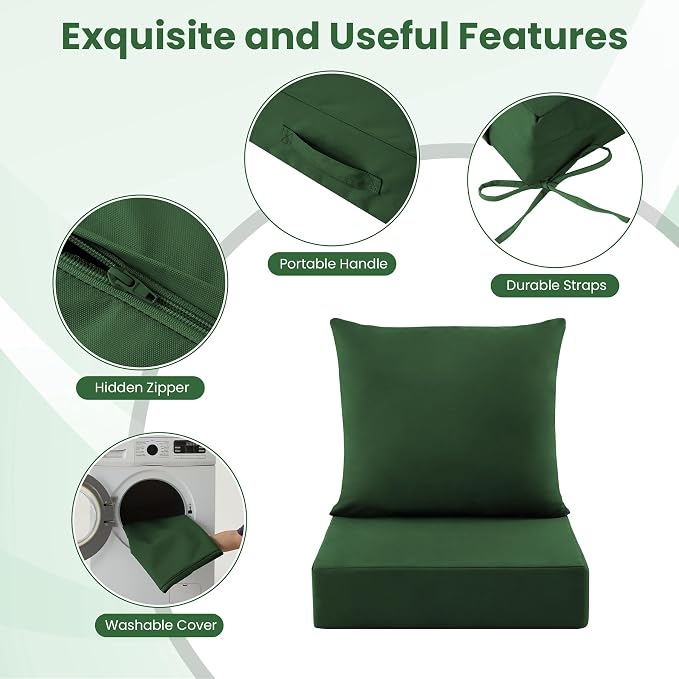 Patio Cushions for Outdoor Furniture, 24x24 Outdoor Couch Cushions, Waterproof & Fade-Resistant Patio Chair Cushions with Removable Cover, Replacement Outdoor Deep Seat Cushion, Forest Green(Set of 6)