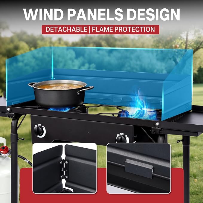 2 Burner Propane Camp Stove | 150,000 BTU | High Pressure Gas Burners | CSA Certified | Side Shelves | Windscreen | Waterproof Cover | Detachable Legs | Ideal for Camping Backyard Outdoor Cooking