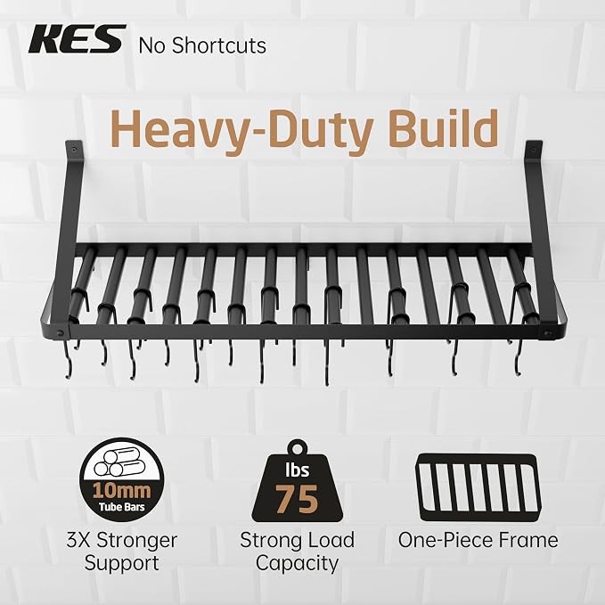 KES 75 lb High-Capacity Pot Rack Wall Mounted with Pot Lid Holder 34 Inch | Heavy Duty Pots and Pans Hanging Rack with 3X Thick One-Piece Frame & 20 Hooks, Drilling Template Provided, Matte Black