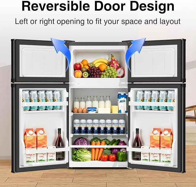 Kismile 2.6 Cu.Ft Mini Fridge with Freezer for Bedroom & Office, Silver | Compact Refrigerator with 2 Reversible Doors, 3-level Adjustable Thermostat, Removable Shelves & Interior Light for Dorm