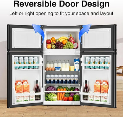 Kismile 2.6 Cu.Ft Mini Fridge with Freezer for Bedroom & Office, Silver | Compact Refrigerator with 2 Reversible Doors, 3-level Adjustable Thermostat, Removable Shelves & Interior Light for Dorm