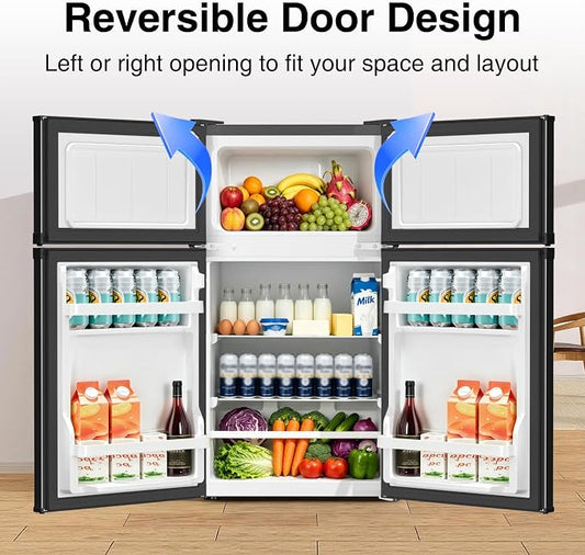 Kismile 2.6 Cu.Ft Mini Fridge with Freezer for Bedroom & Office, Silver | Compact Refrigerator with 2 Reversible Doors, 3-level Adjustable Thermostat, Removable Shelves & Interior Light for Dorm