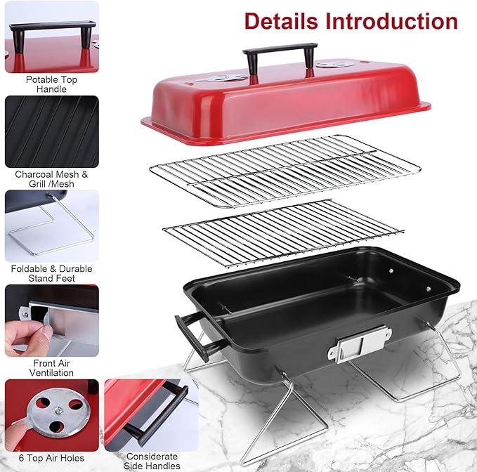 KOCASO Portable Barbecue Grill Tabletop Grill Folding Tabletop Smoker with Lid - Outdoor Camping Grill for Beach Parties and Travel Camping
