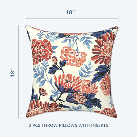 LVTXIII Outdoor Throw Pillows 18x18 Patio Waterproof Square Pillows with Piping Fade Resistant Accent Pillow for Spring Summer Garden Decoration, Set of 2, Red Chrysanthemum